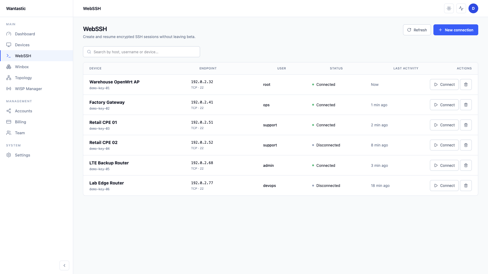 连接之后的浏览器工具 in the sanitized Wantastic beta interface